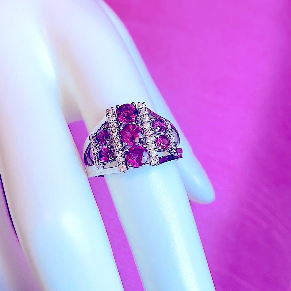 Raspberry Color Rhodolite & White Zircon Ring - image 1